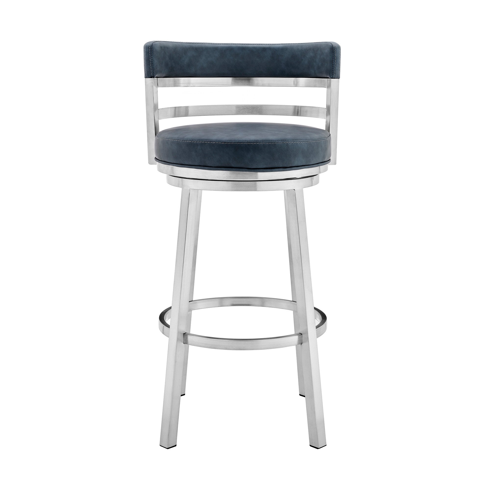 26" Blue and Silver Faux Leather and Stainless Steel Low Back Counter Height Swivel Bar Chair