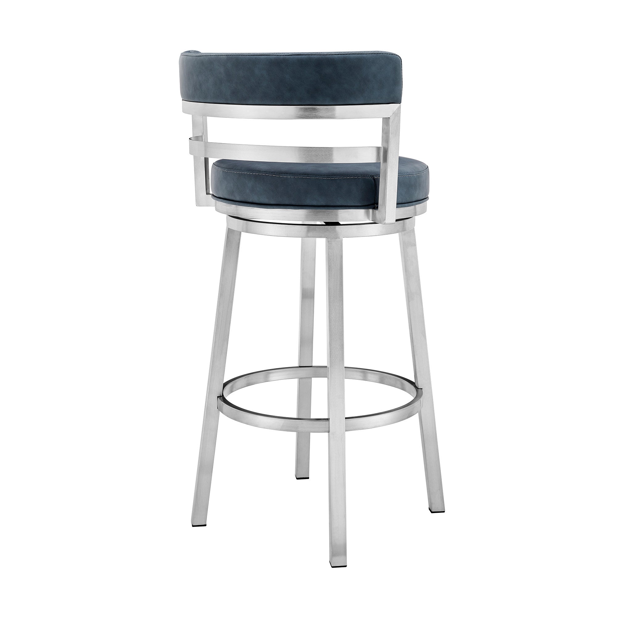 26" Blue and Silver Faux Leather and Stainless Steel Low Back Counter Height Swivel Bar Chair