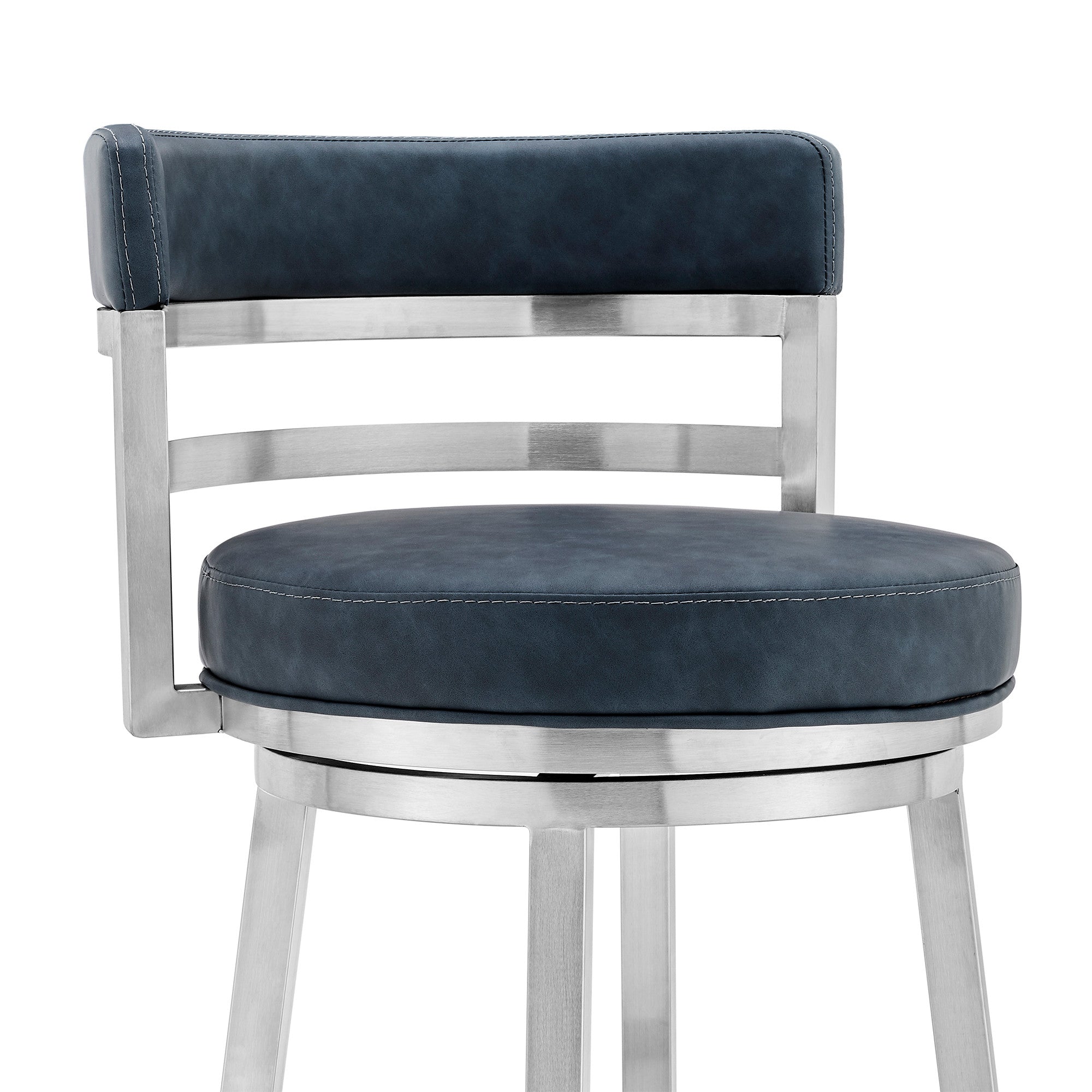 26" Blue and Silver Faux Leather and Stainless Steel Low Back Counter Height Swivel Bar Chair