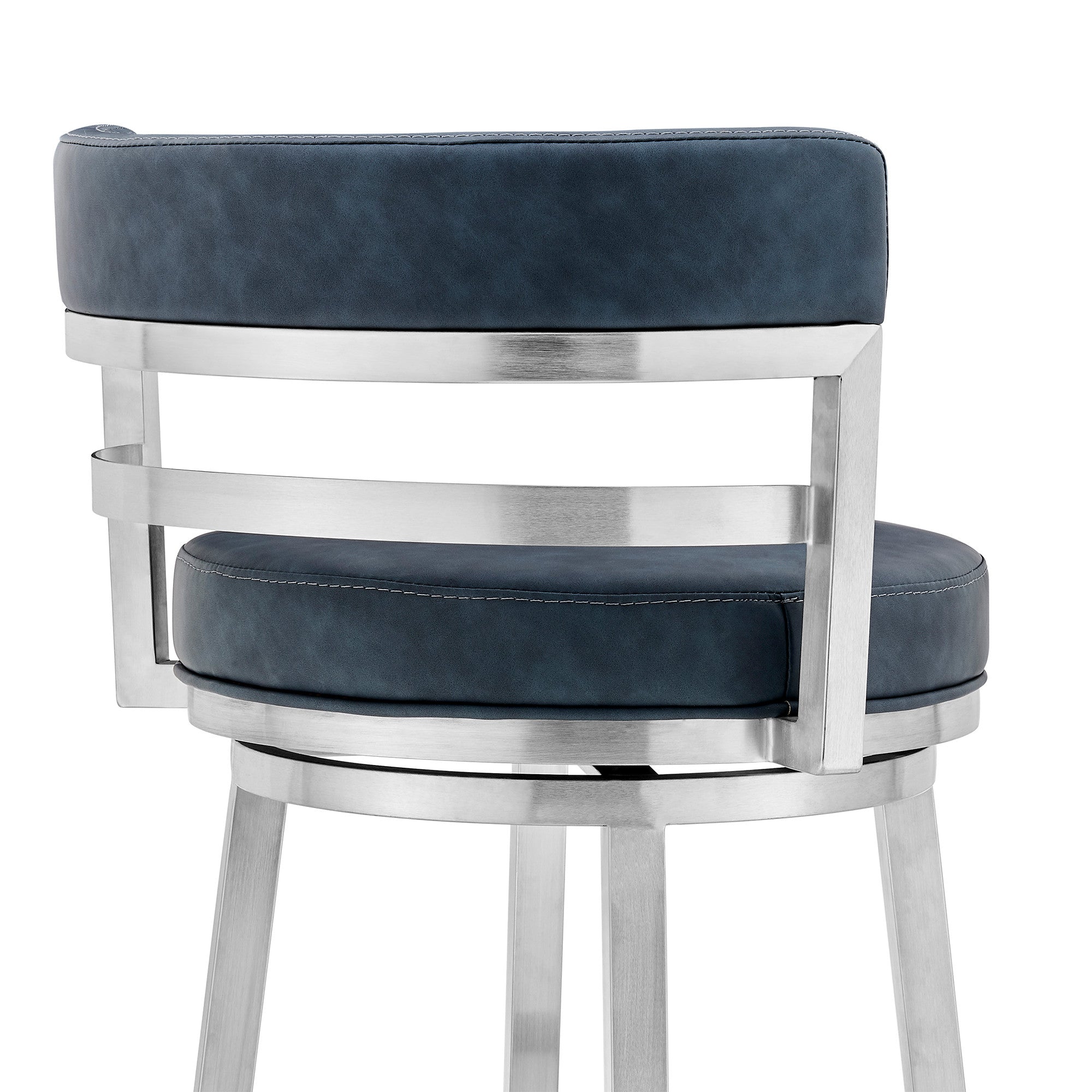 26" Blue and Silver Faux Leather and Stainless Steel Low Back Counter Height Swivel Bar Chair