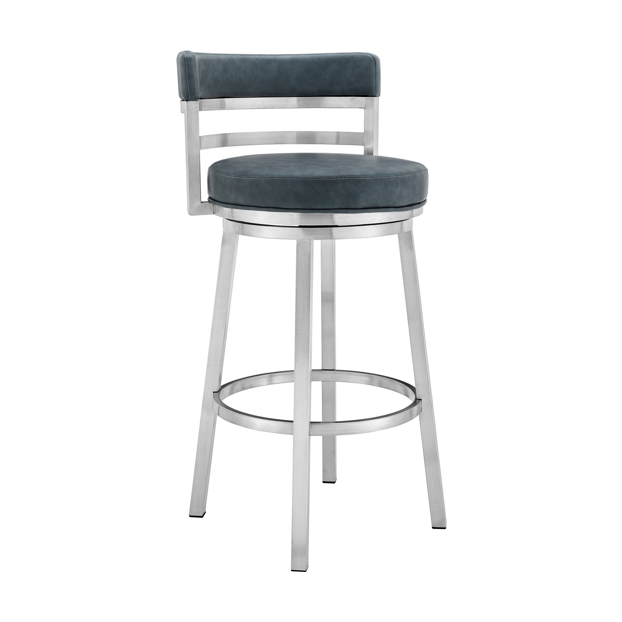 26" Blue And Silver Faux Leather And Fabric And Steel Low Back Counter Height Swivel Bar Chair