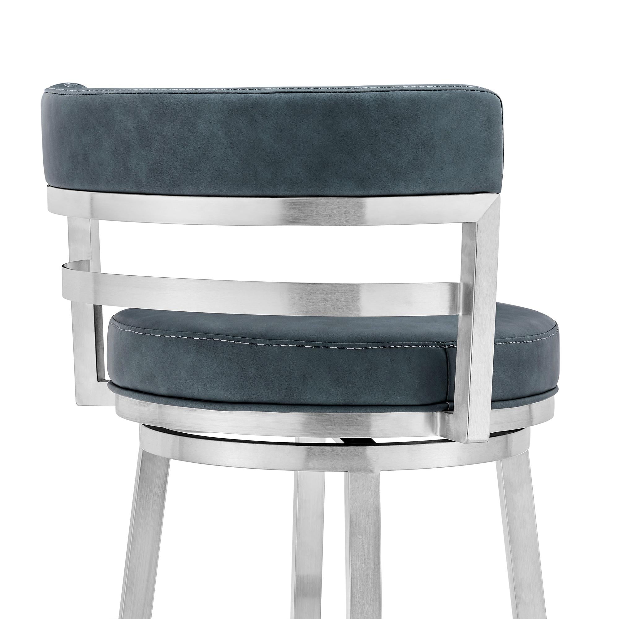 30" Blue And Silver Faux Leather And Fabric And Iron Low Back Bar Height Swivel Bar Chair