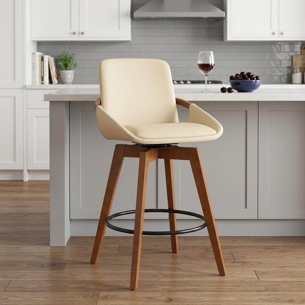 27" Cream And Brown Fabric And Iron Counter Height Swivel Bar Chair