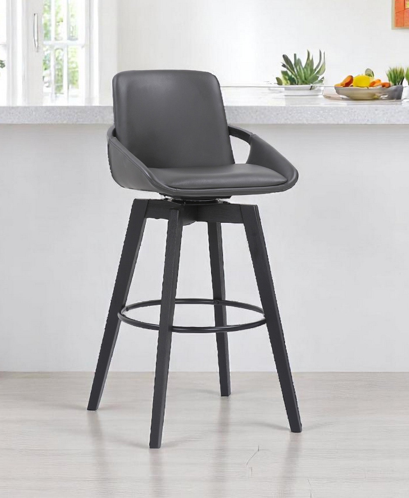 31" Gray And Black Fabric And Iron Bar Height Swivel Bar Chair