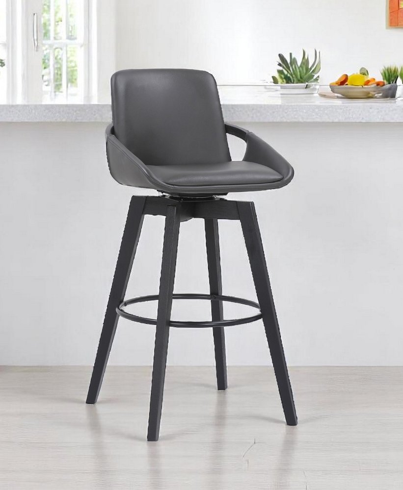 31" Gray And Black Fabric And Iron Bar Height Swivel Bar Chair