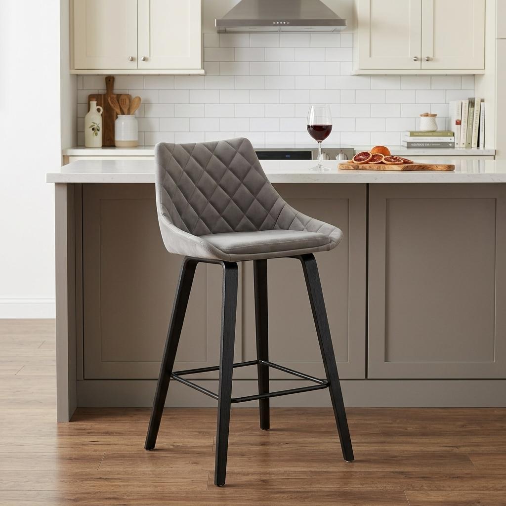 26" Gray And Black Fabric And Iron Counter Height Bar Chair