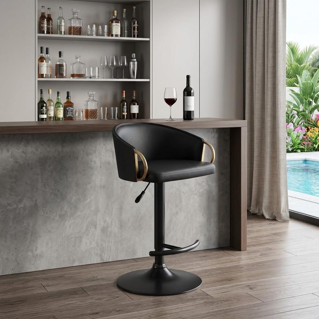 Black Fabric And Iron Low Back Adjustable Height Swivel Bar Chair