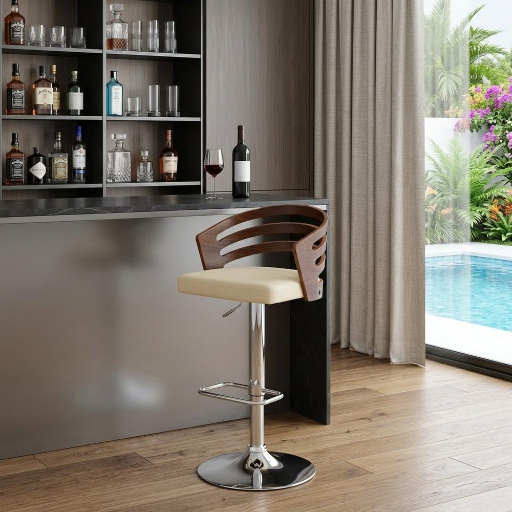 25" Cream And Silver Iron Swivel Low Back Adjustable Height Bar Chair