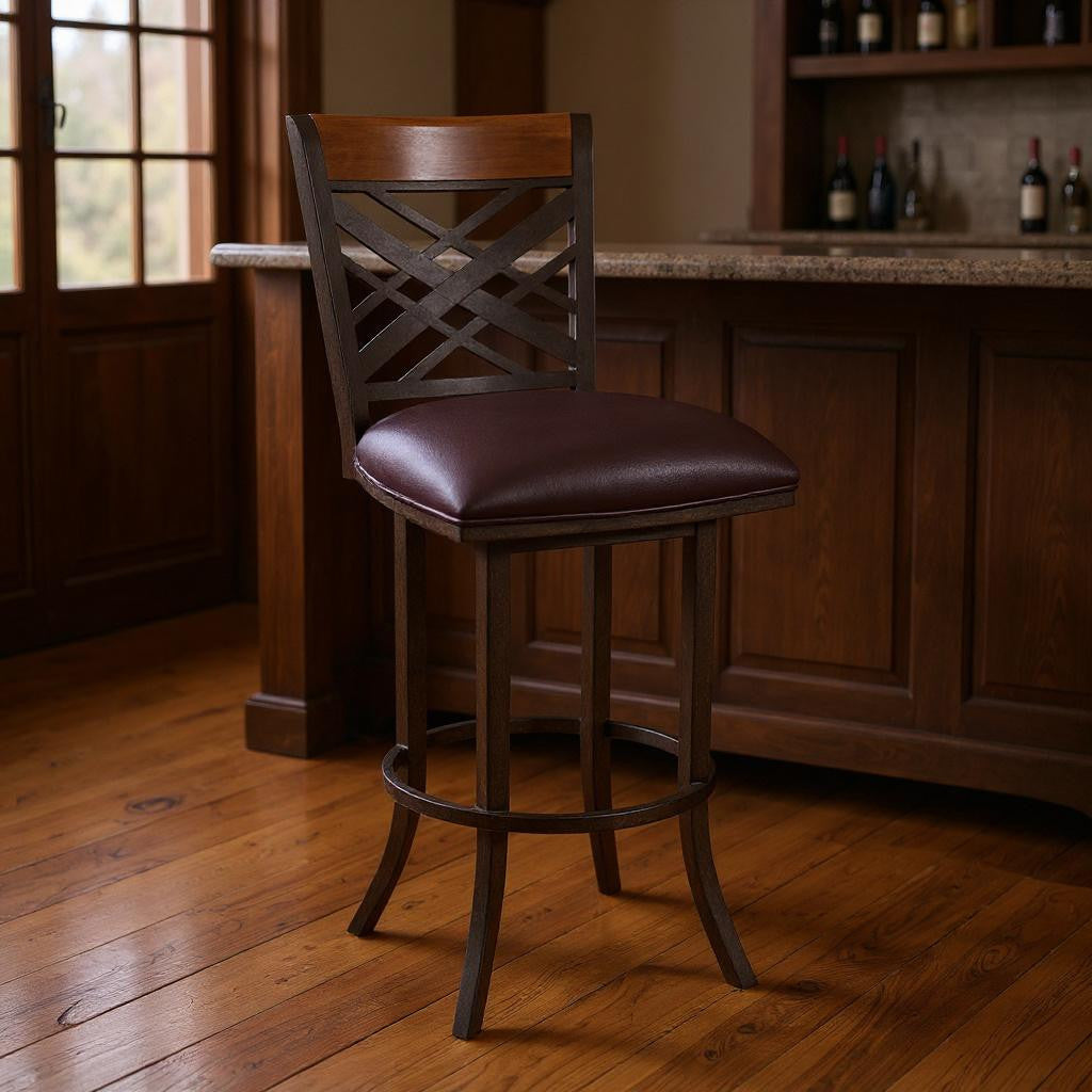 30" Brown Faux Leather And Fabric And Iron Bar Height Bar Chair