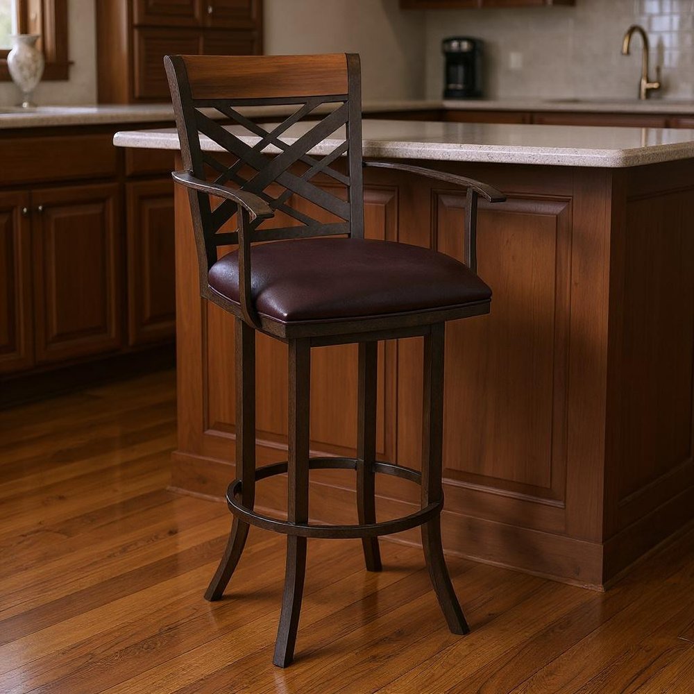 26" Brown Faux Leather And Fabric And Iron Counter Height Bar Chair