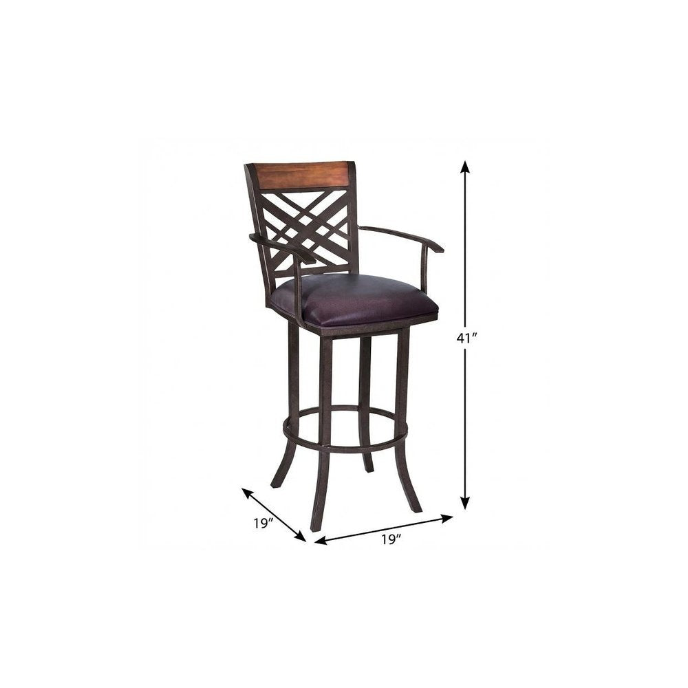 26" Brown Faux Leather And Fabric And Iron Counter Height Bar Chair