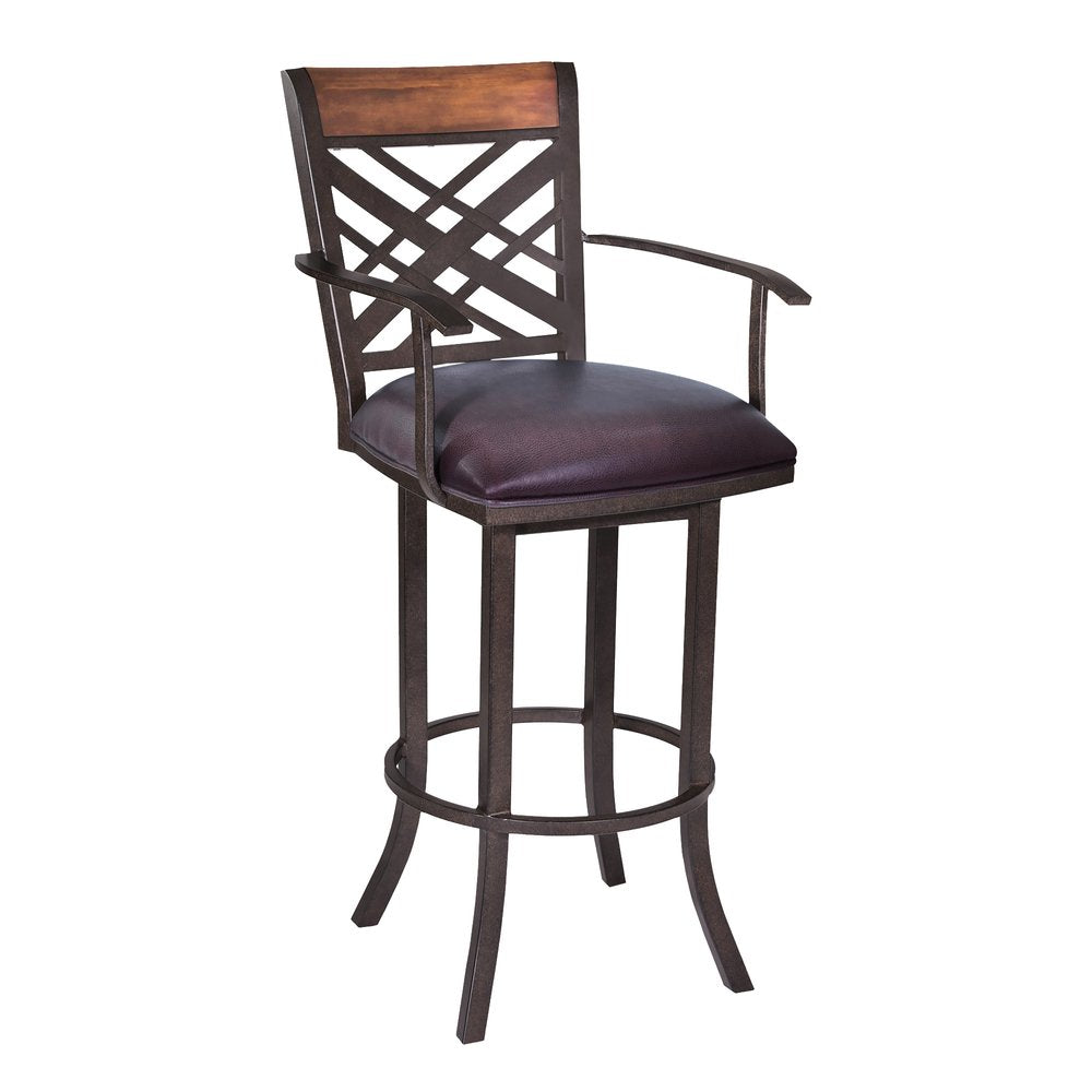 26" Brown Faux Leather And Fabric And Iron Counter Height Bar Chair