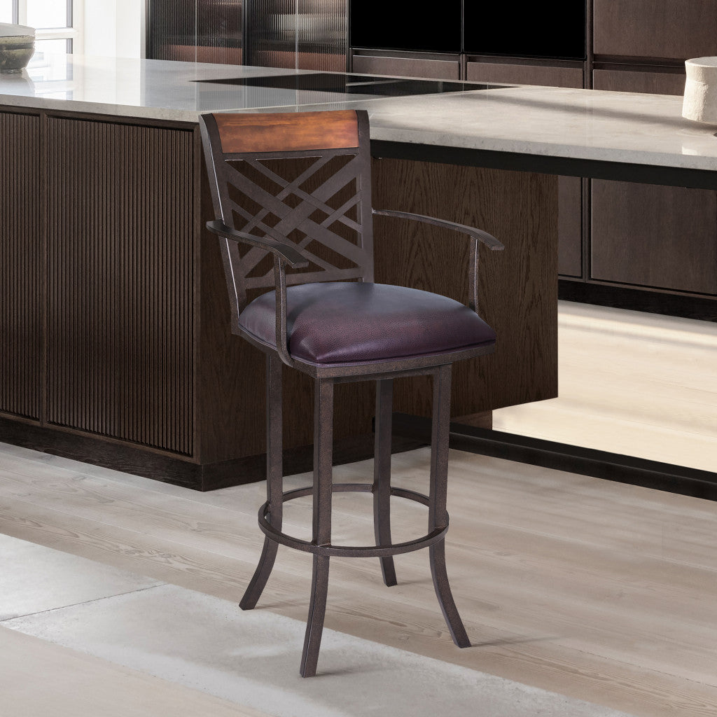 26" Brown Faux Leather And Fabric And Iron Counter Height Bar Chair