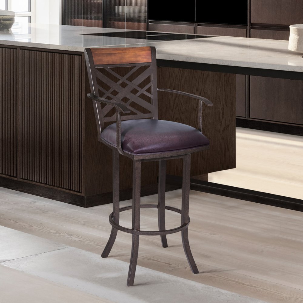 26" Brown Faux Leather And Fabric And Iron Counter Height Bar Chair