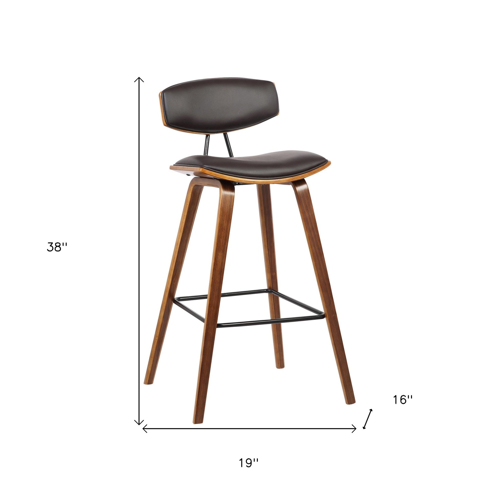 29" Brown Faux Leather And Wood Low Back Bar Height Bar Chair