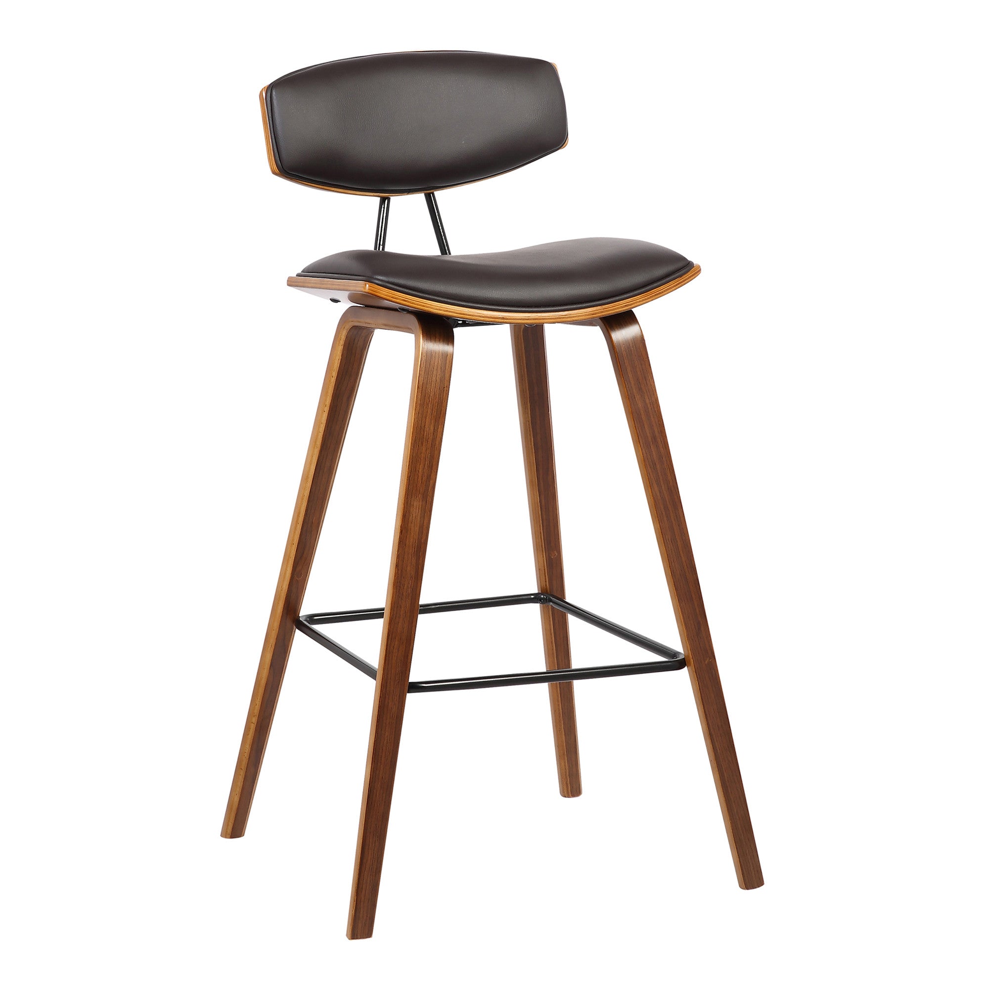 29" Brown Faux Leather And Wood Low Back Bar Height Bar Chair
