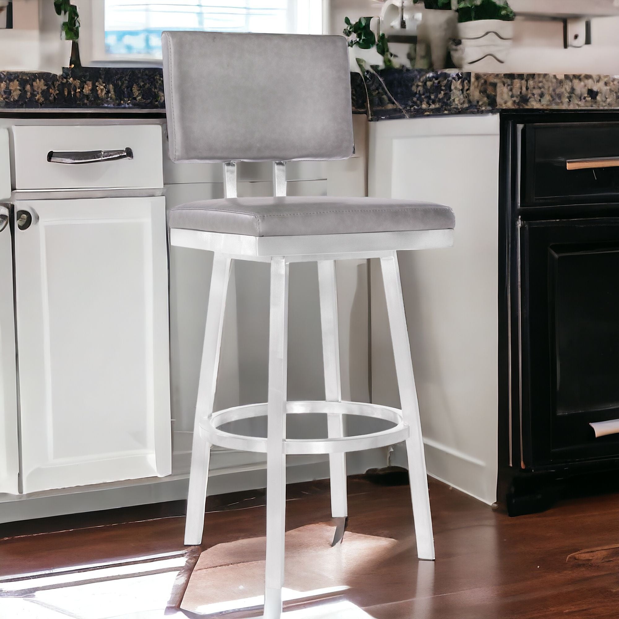 26" Light Gray And Silver Iron Swivel Counter Height Bar Chair