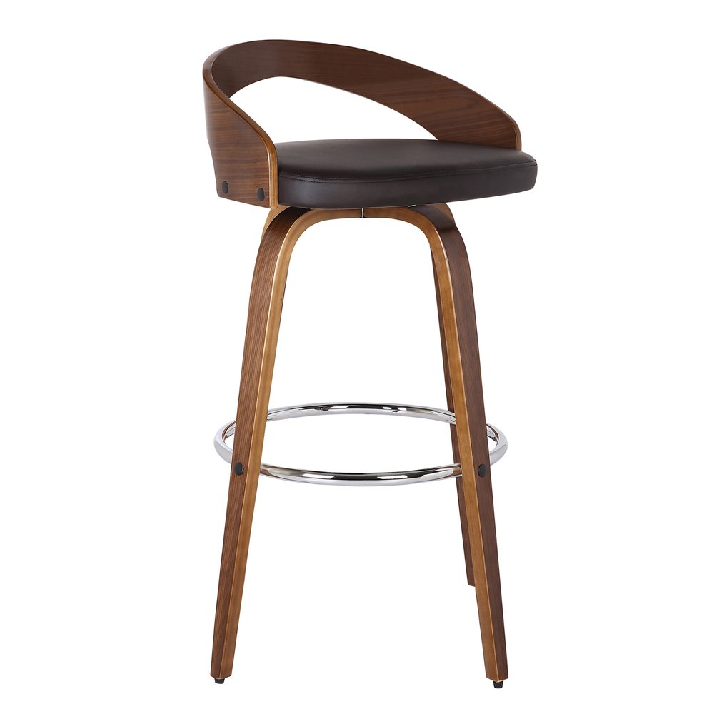 30" Brown Faux Leather And Fabric And Solid Wood Low Back Bar Height Swivel Bar Chair