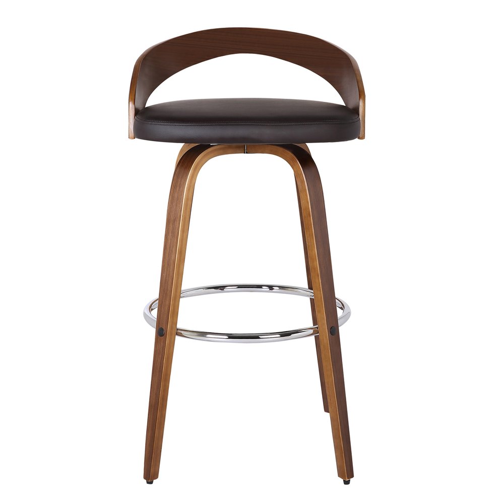 30" Brown Faux Leather And Fabric And Solid Wood Low Back Bar Height Swivel Bar Chair