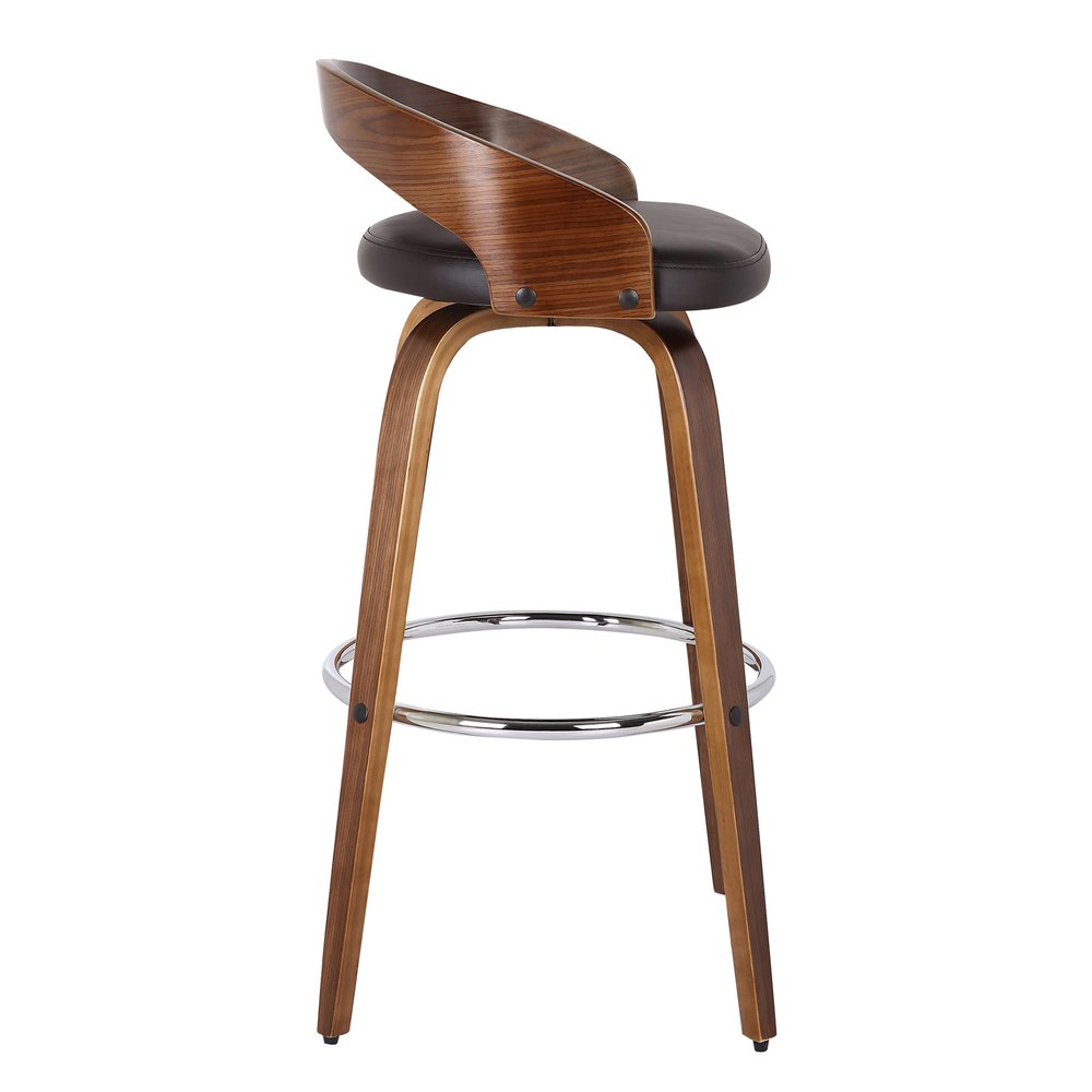 30" Brown Faux Leather And Fabric And Solid Wood Low Back Bar Height Swivel Bar Chair