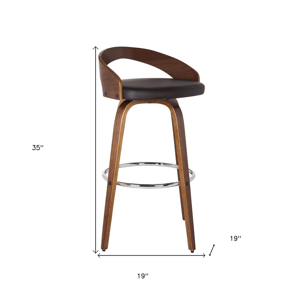 30" Brown Faux Leather And Fabric And Solid Wood Low Back Bar Height Swivel Bar Chair
