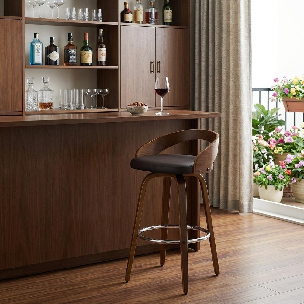 30" Brown Faux Leather And Fabric And Solid Wood Low Back Bar Height Swivel Bar Chair