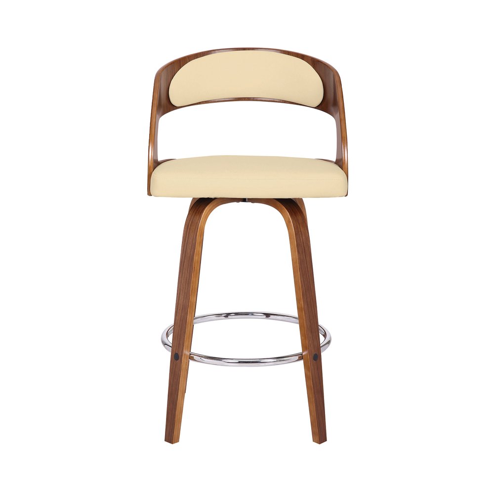 26" Cream And Brown Faux Leather And Fabric And Iron Low Back Counter Height Swivel Bar Chair