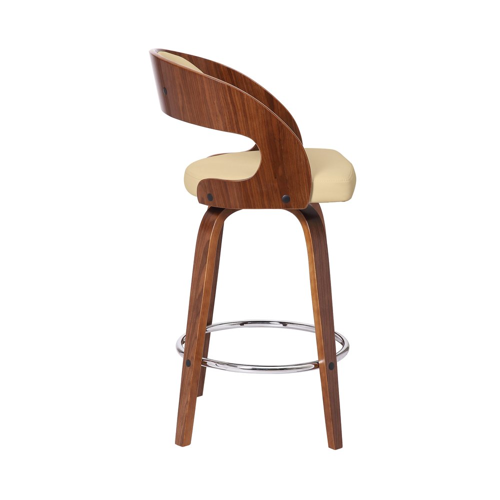 26" Cream And Brown Faux Leather And Fabric And Iron Low Back Counter Height Swivel Bar Chair