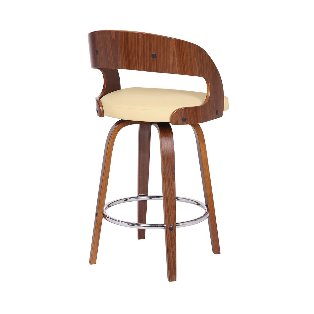 26" Cream And Brown Faux Leather And Fabric And Iron Low Back Counter Height Swivel Bar Chair