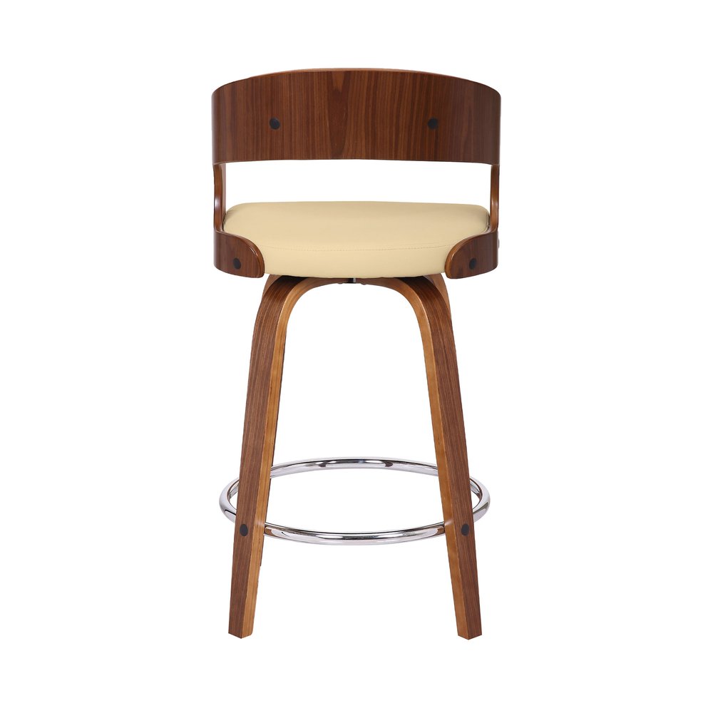 26" Cream And Brown Faux Leather And Fabric And Iron Low Back Counter Height Swivel Bar Chair