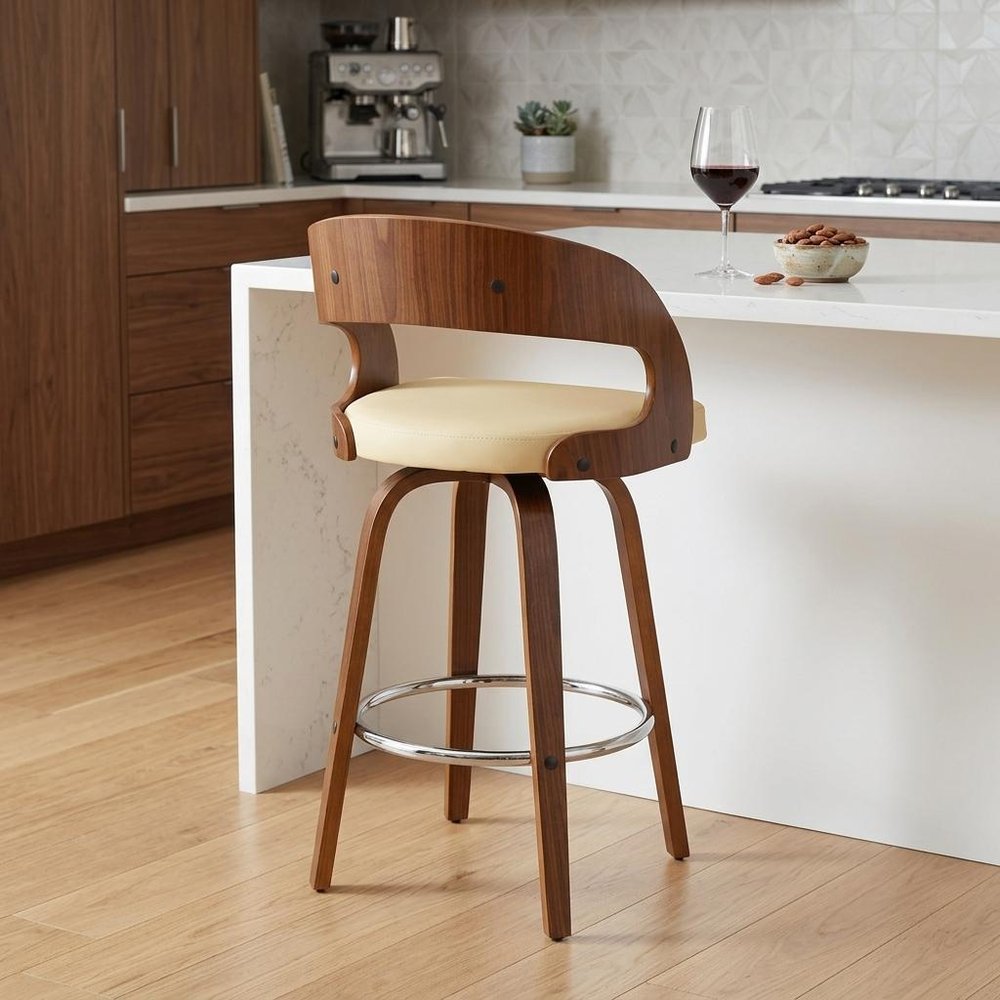 26" Cream And Brown Faux Leather And Fabric And Iron Low Back Counter Height Swivel Bar Chair