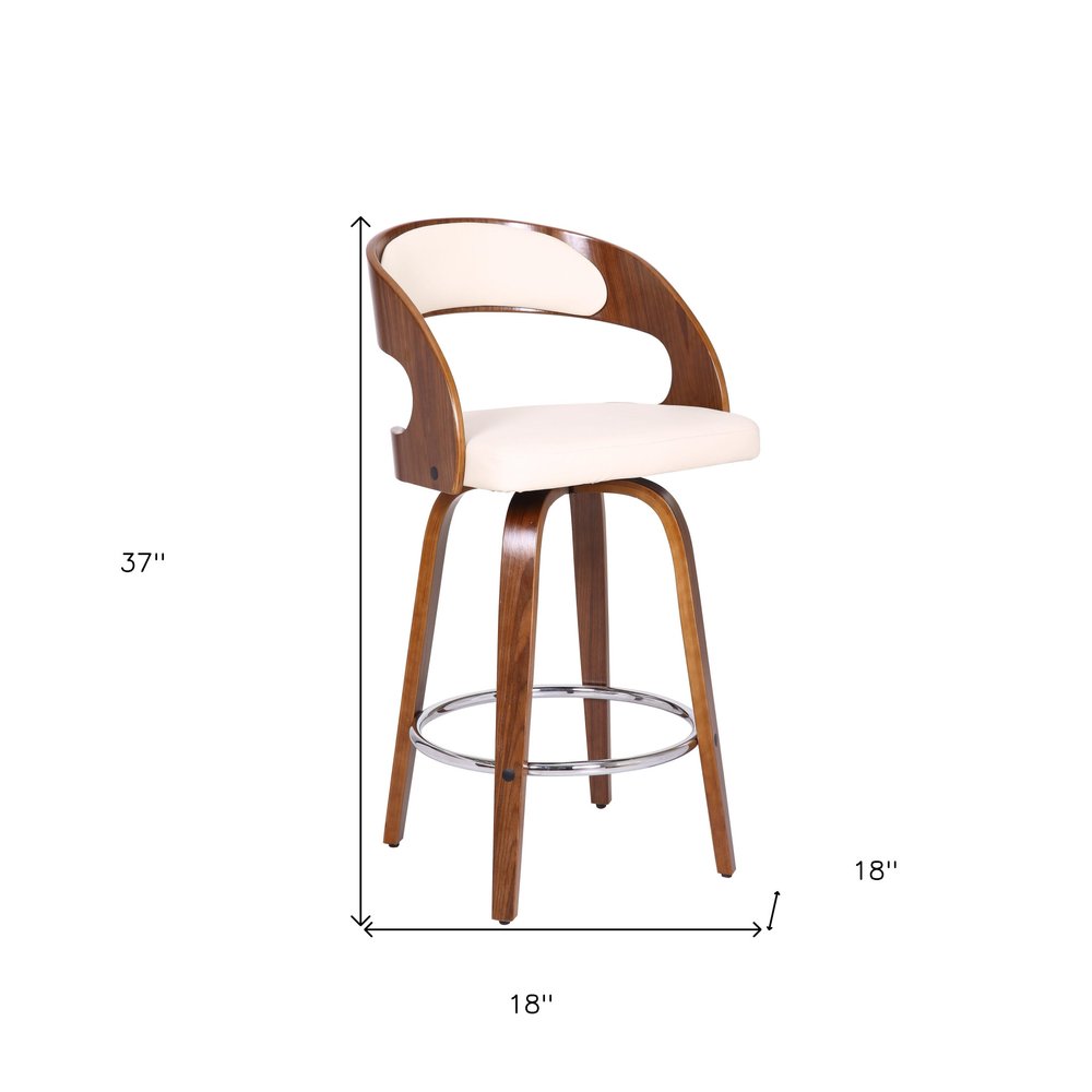 26" Cream And Brown Faux Leather And Fabric And Iron Low Back Counter Height Swivel Bar Chair