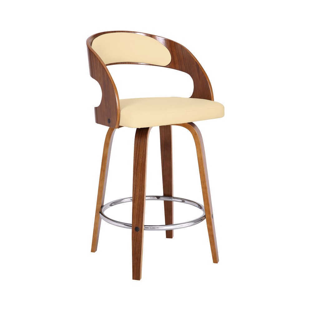 26" Cream And Brown Faux Leather And Fabric And Iron Low Back Counter Height Swivel Bar Chair