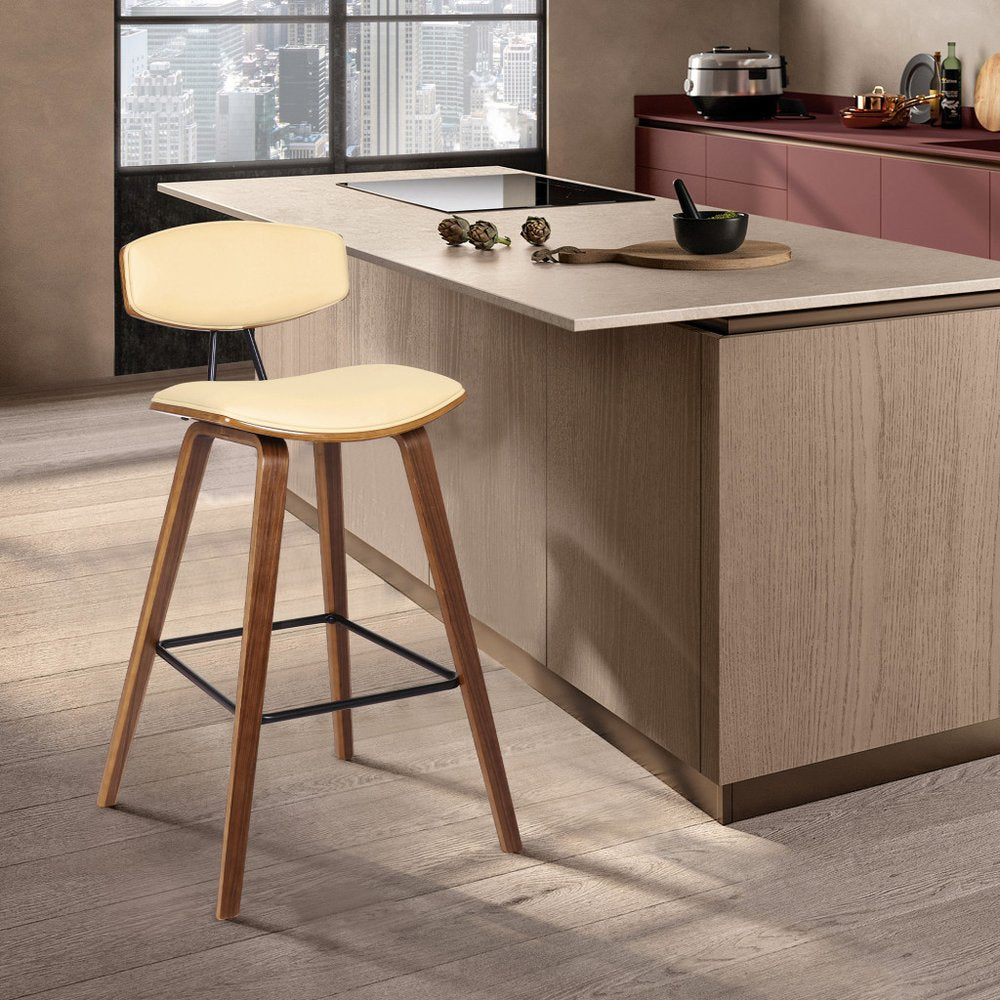 26" Cream and Brown Fabric and Iron Low Back Counter Height Bar Chair