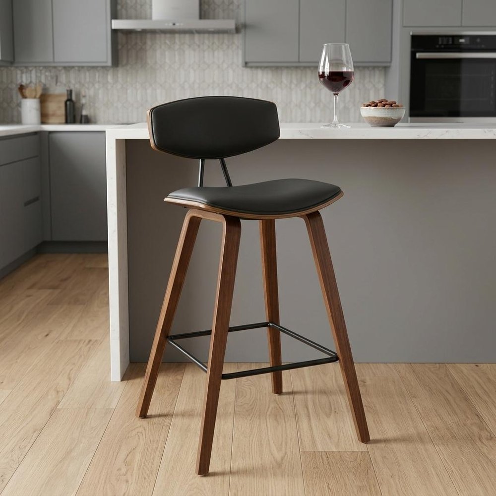 26" Gray And Brown Fabric And Iron Low Back Counter Height Bar Chair