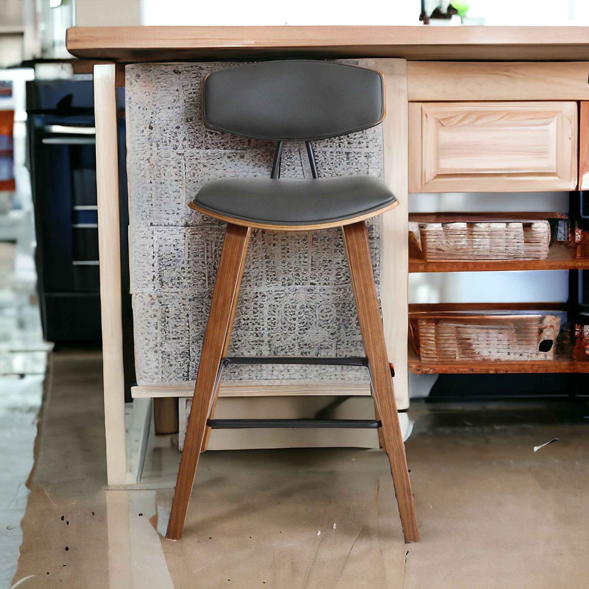 26" Gray and Brown Fabric and Iron Low Back Counter Height Bar Chair