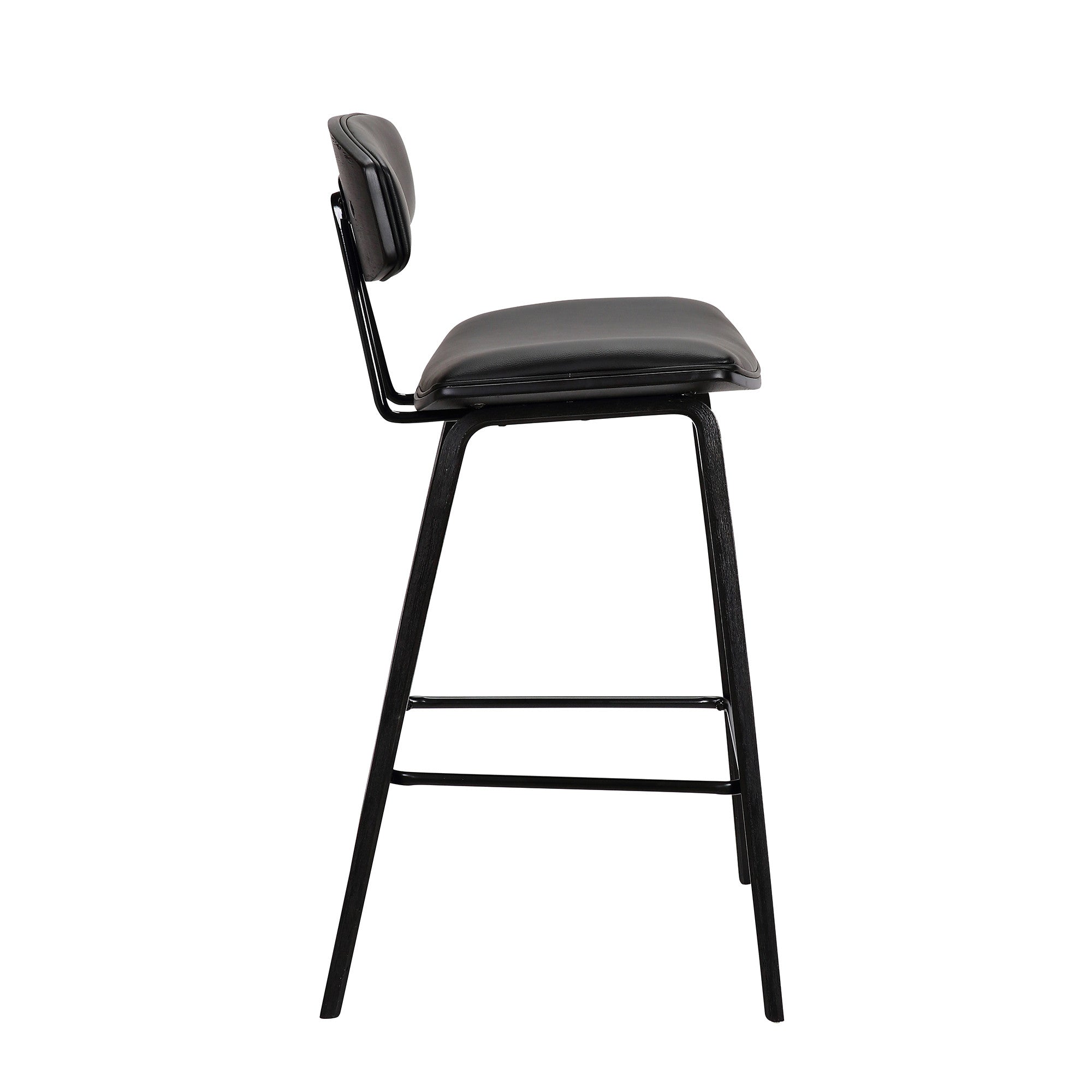 29" Black Faux Leather And Iron Low Back Bar Height Bar Chair