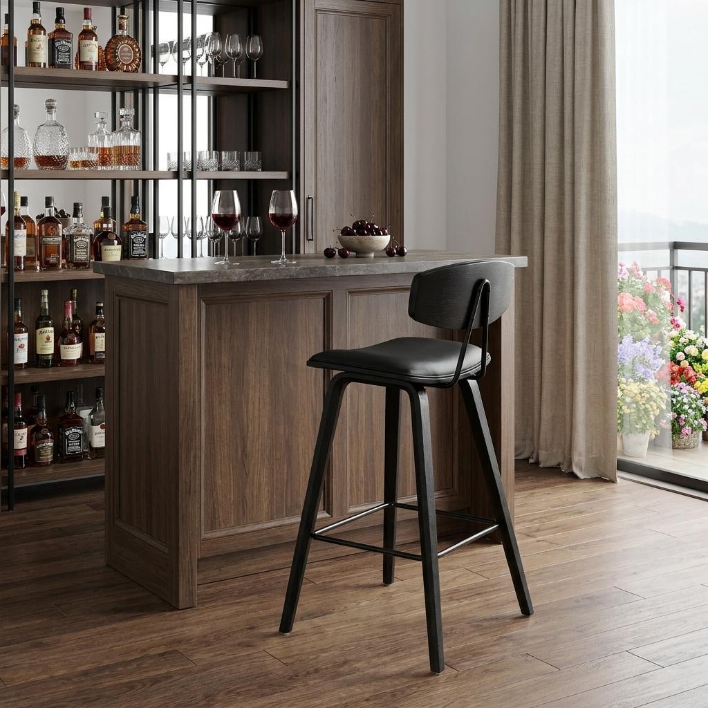 29" Black Faux Leather And Iron Low Back Bar Height Bar Chair