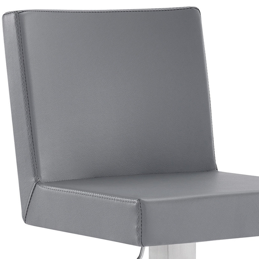 24" Gray And Silver Faux Leather And Iron Swivel Adjustable Height Bar Chair