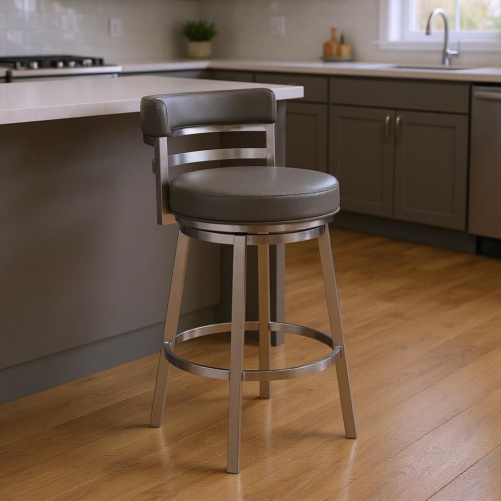 26" Gray And Silver Faux Leather And Iron Swivel Low Back Counter Height Bar Chair