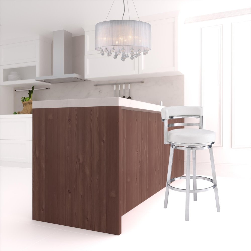 30" White and Silver Faux Leather and Iron Low Back Bar Height Swivel Bar Chair