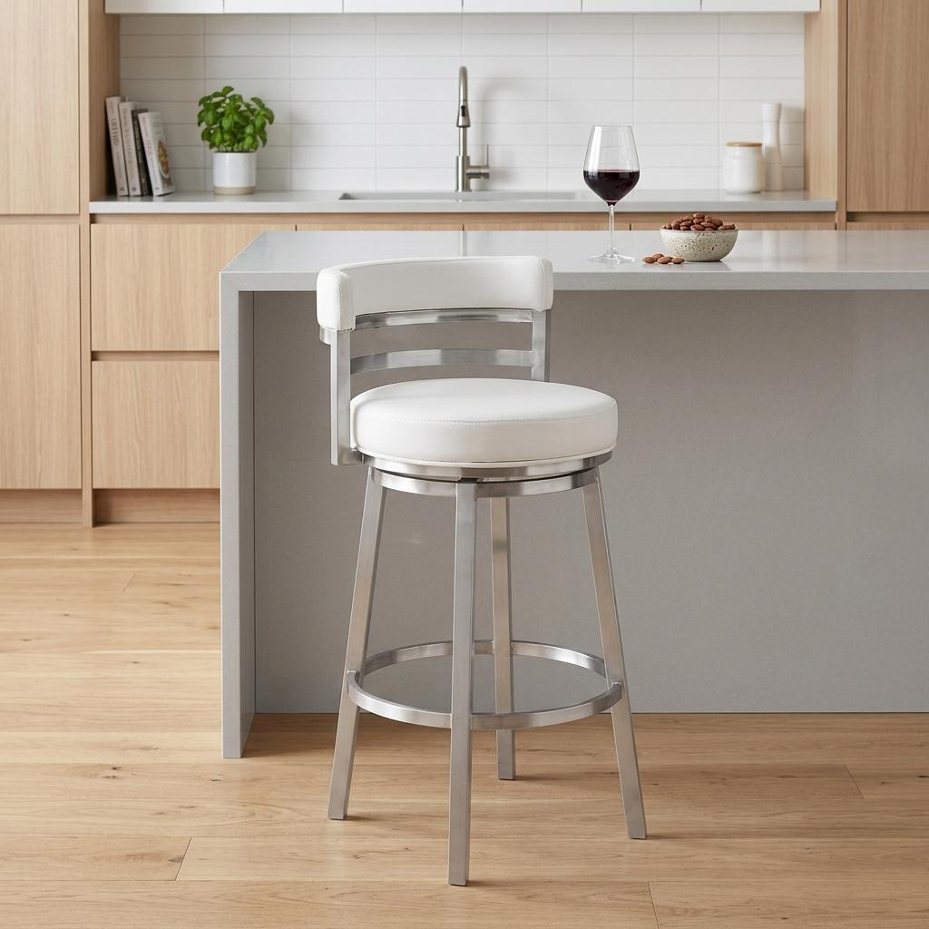 26" White And Silver Faux Leather And Faux Leather And Iron Low Back Counter Height Swivel Bar Chair