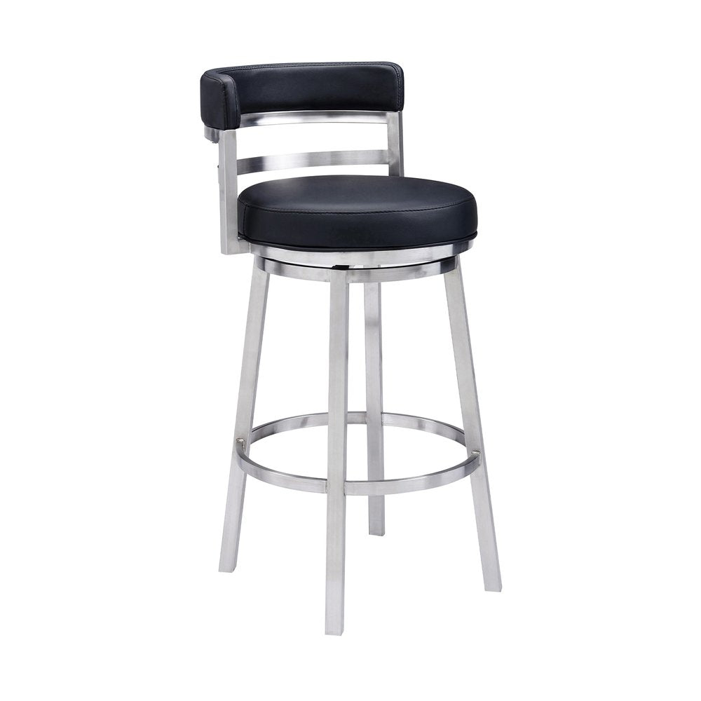 30" Black And Silver Faux Leather And Iron Low Back Bar Height Swivel Bar Chair