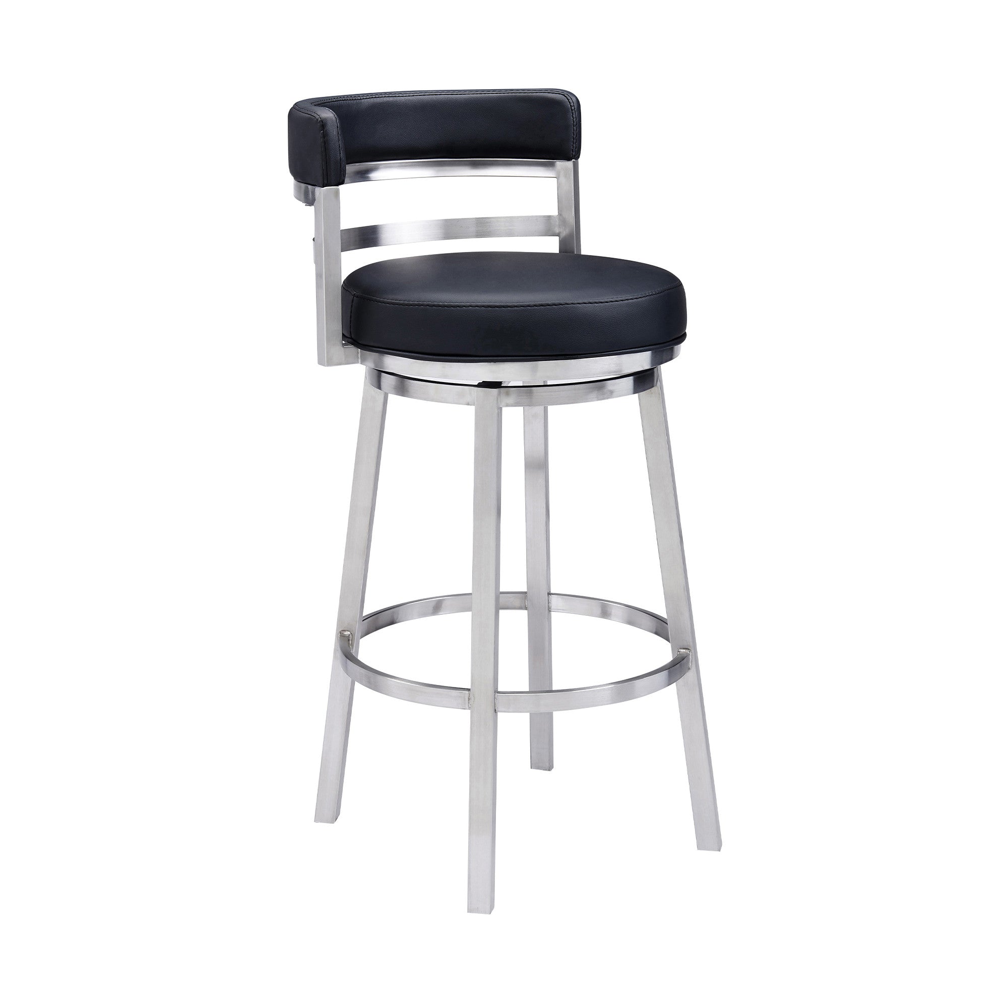 26" Black And Silver Faux Leather And Iron Low Back Counter Height Swivel Bar Chair