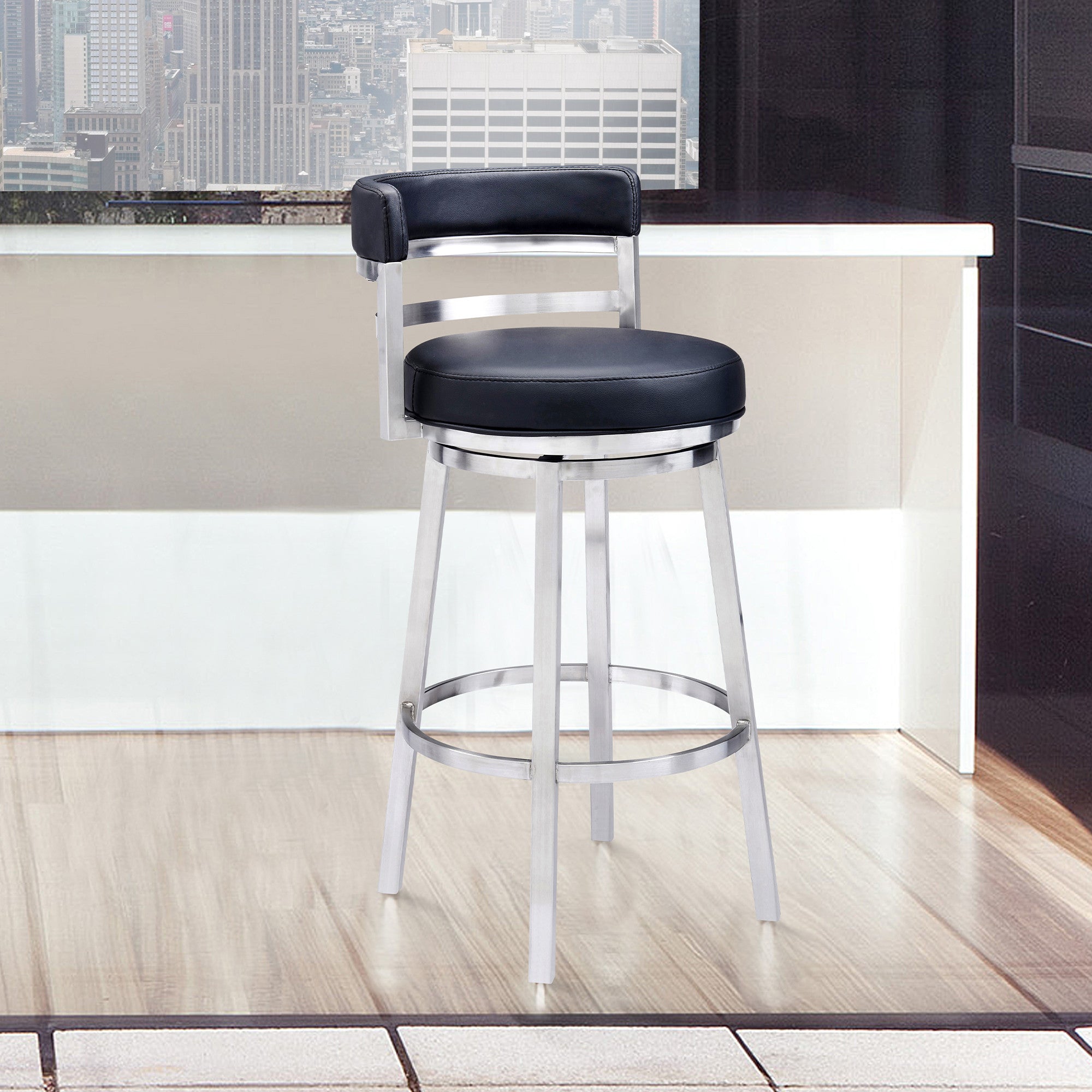 26" Black And Silver Faux Leather And Iron Low Back Counter Height Swivel Bar Chair