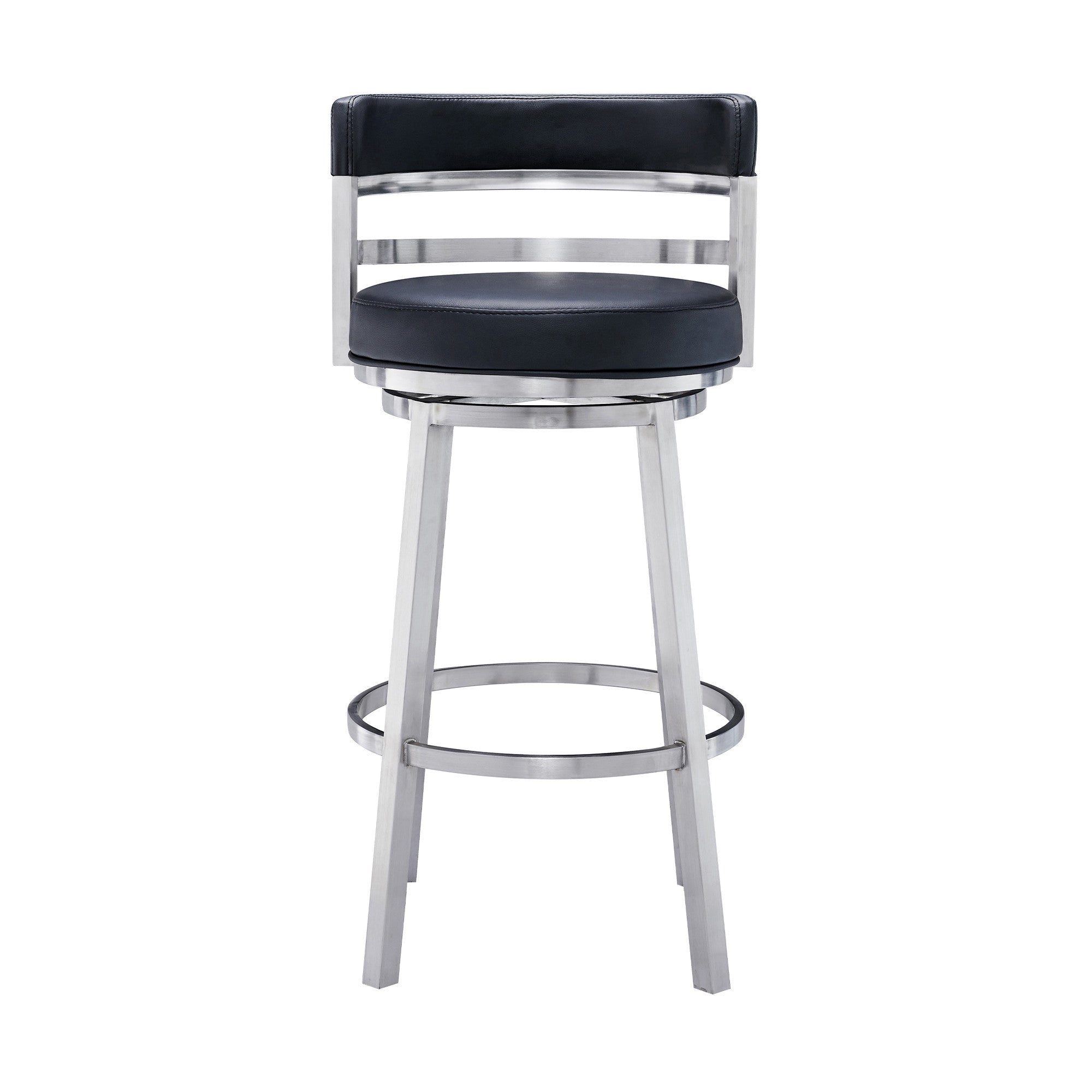 26" Black And Silver Faux Leather And Iron Low Back Counter Height Swivel Bar Chair