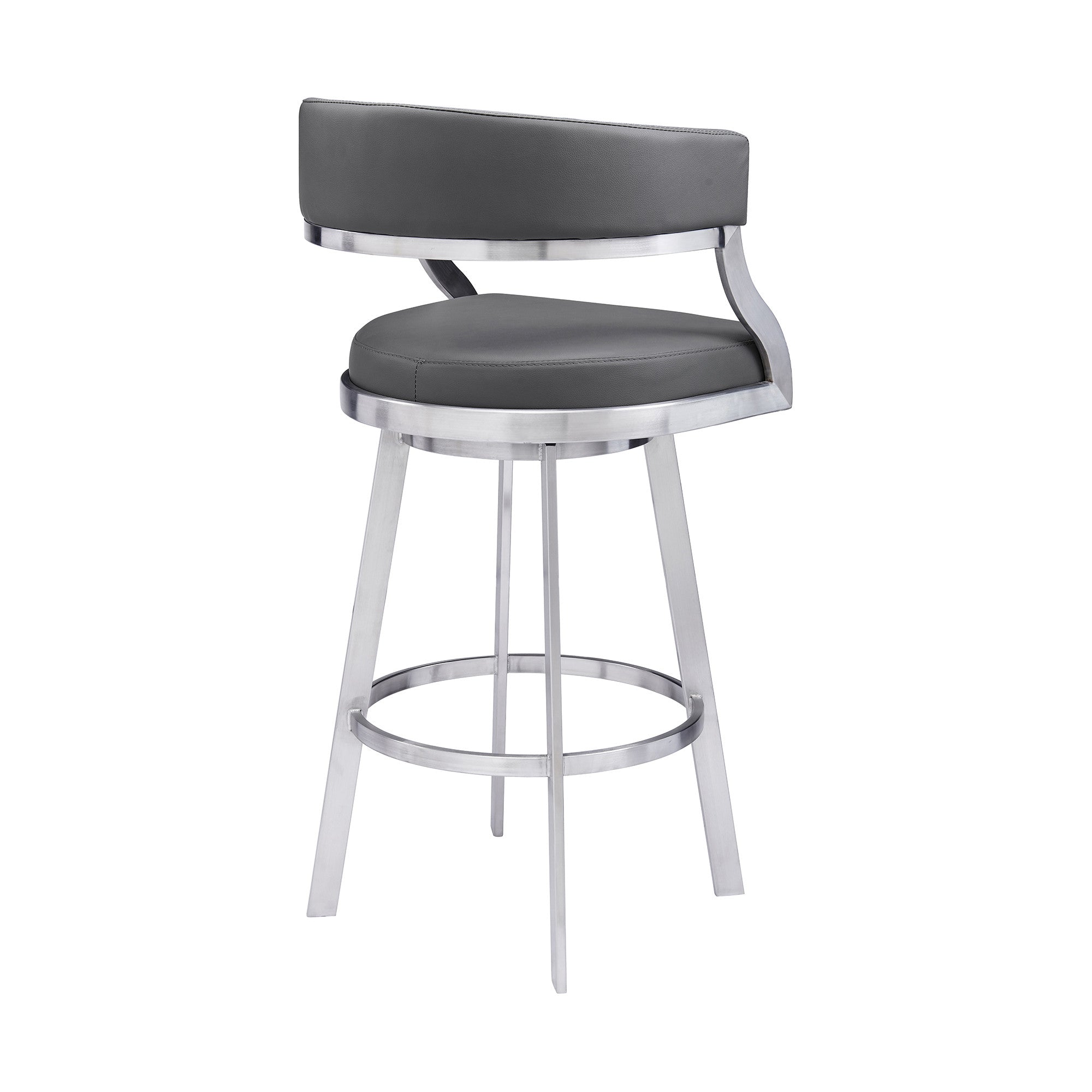 26" Gray And Silver Faux Leather And Faux Leather And Iron Low Back Counter Height Swivel Bar Chair