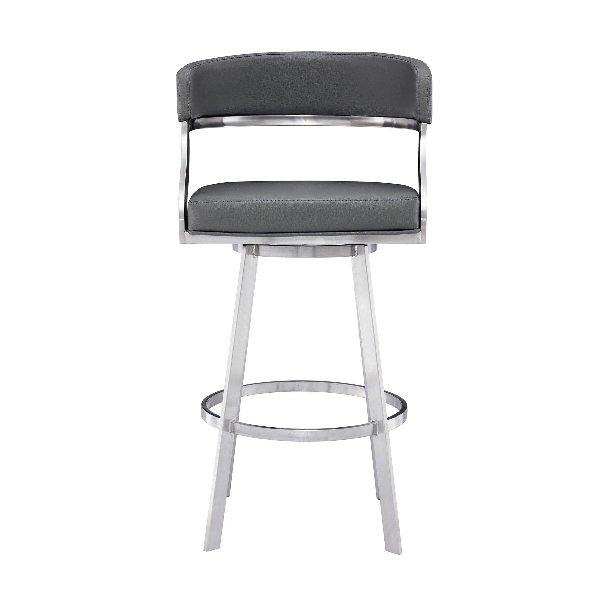 26" Gray And Silver Faux Leather And Faux Leather And Iron Low Back Counter Height Swivel Bar Chair