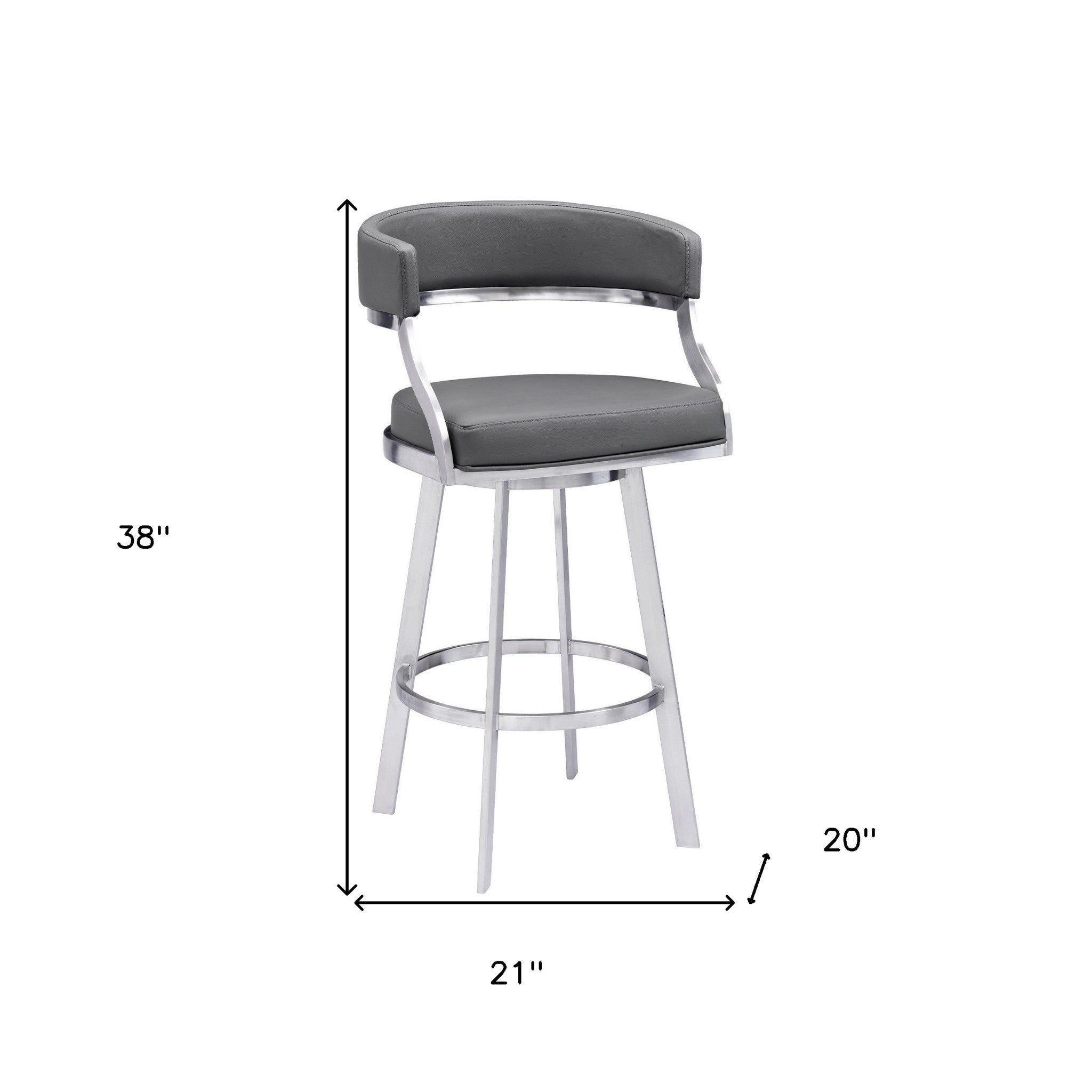 26" Gray And Silver Faux Leather And Faux Leather And Iron Low Back Counter Height Swivel Bar Chair