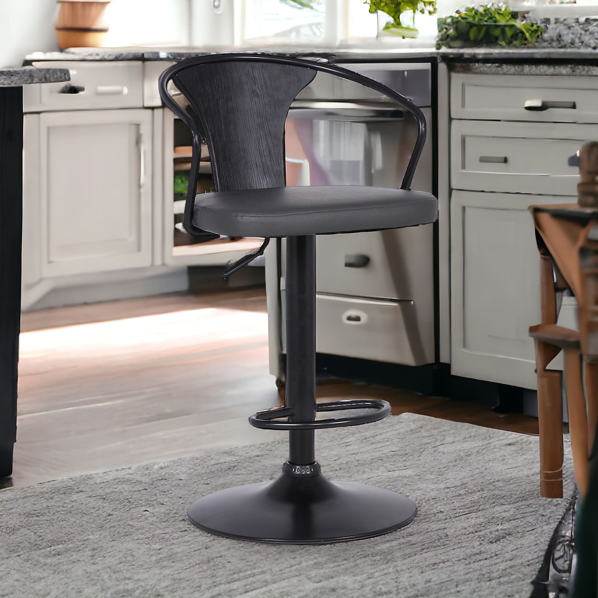 Gray And Black Fabric And Iron Low Back Adjustable Height Swivel Bar Chair